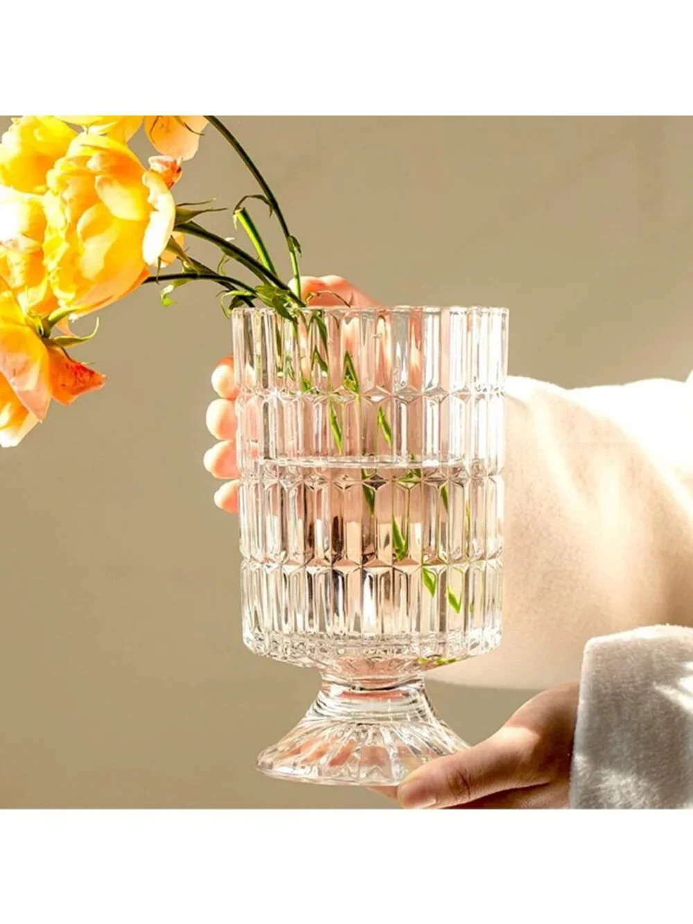 7'' Ribbed Crystal Glass Vase - Elegant Pedestal Design for Home, Office